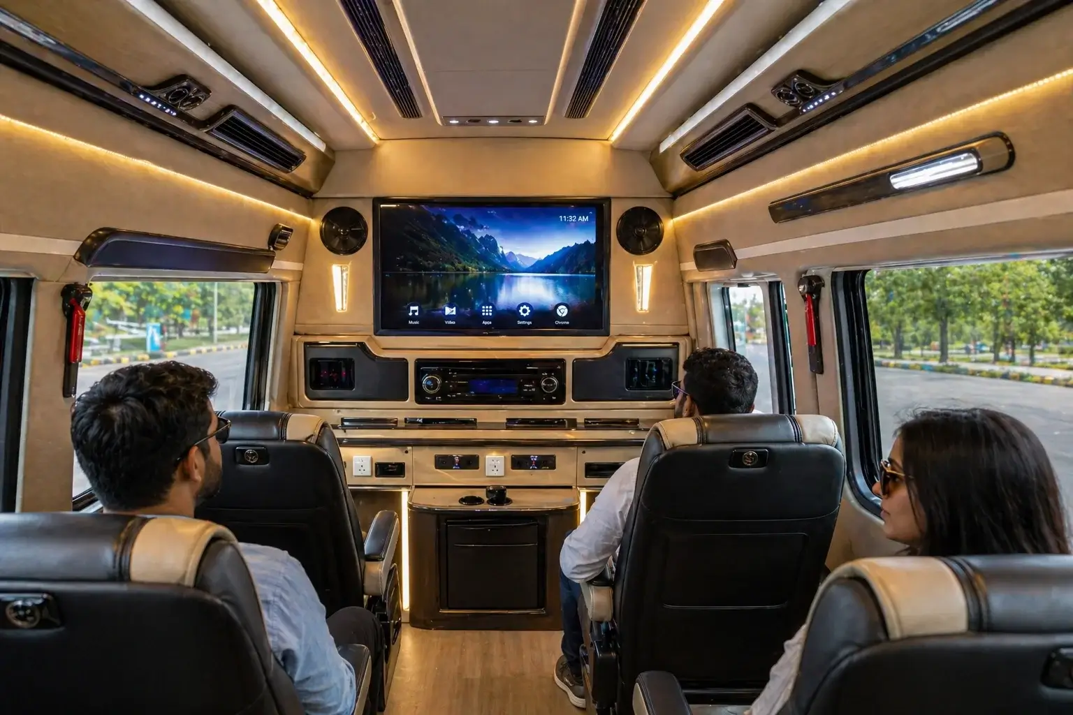 luxury 26 seater tempo traveller interior with LED TV and music system